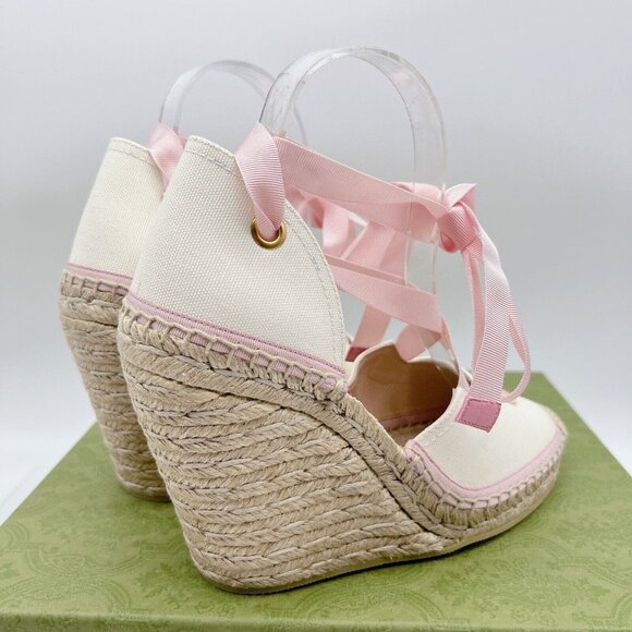 GUCCI INTERLOCKING G Platform Wedge ESPADRILLE Pink RIBBON TIE EU 40/ US 10 - Picture 6 of 12